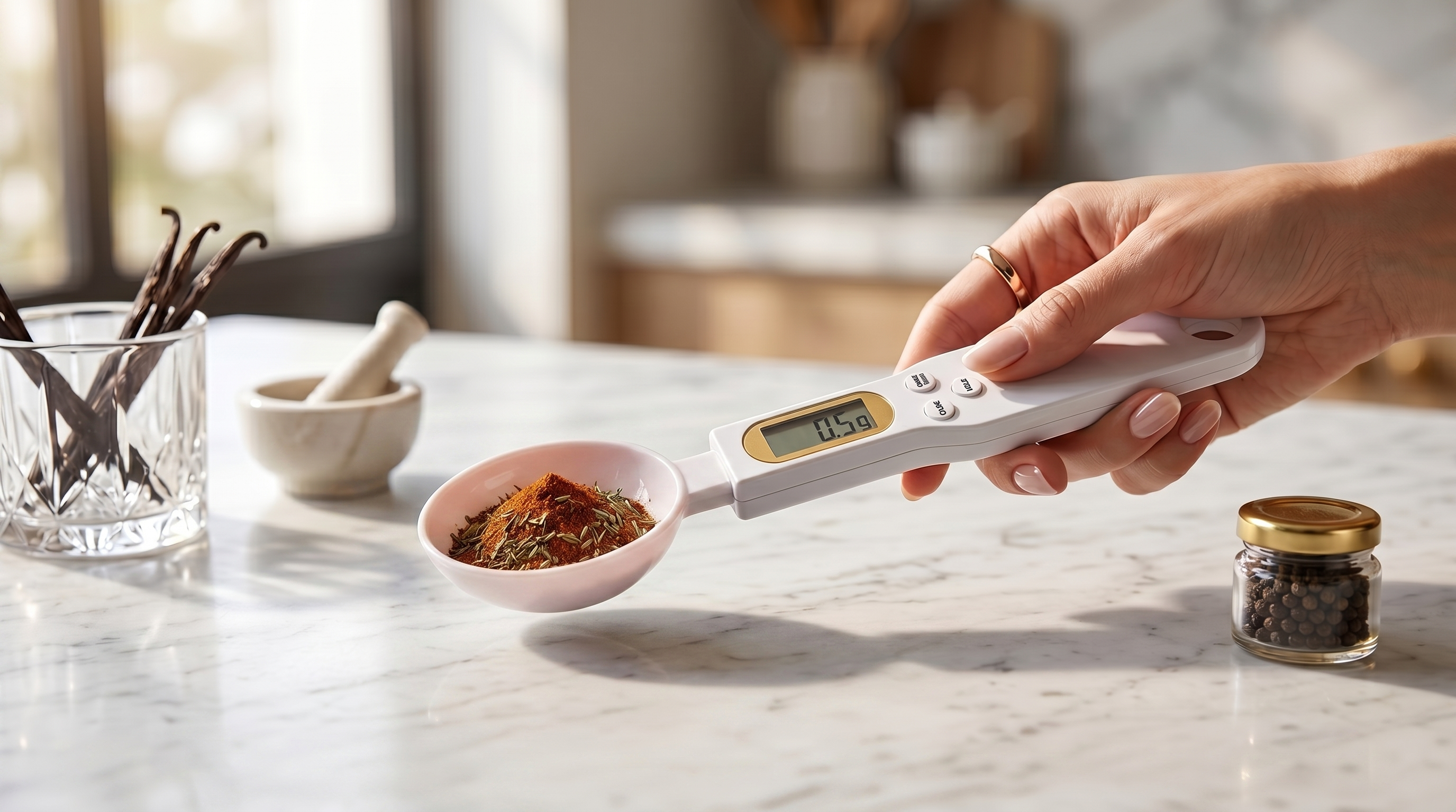 Chef's Precision Spoon weighing spices on a kitchen counter